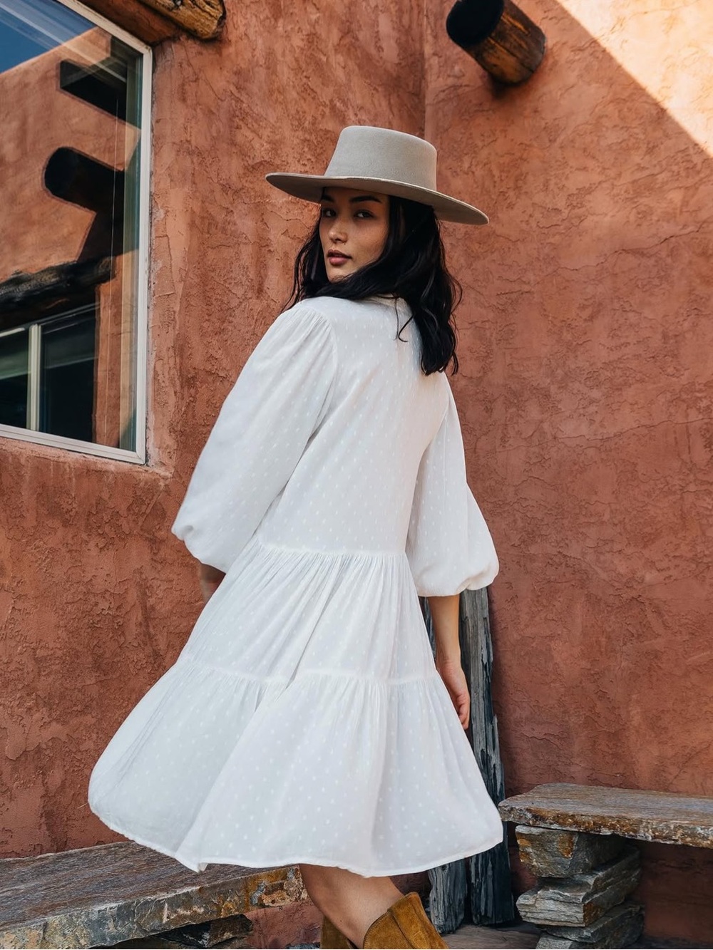White Tiered Long-Sleeve Mini Dress